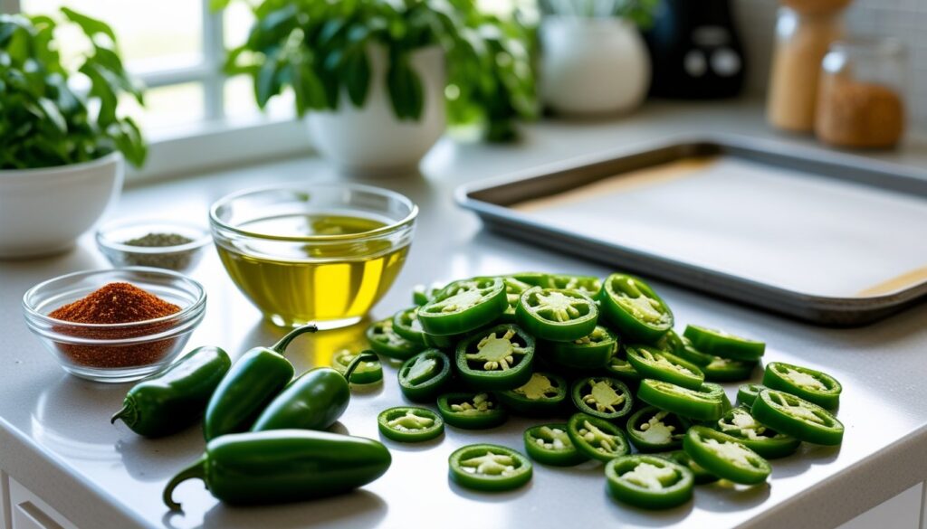 Ingredients and tools for making jalapeno chips on a kitchen counter.