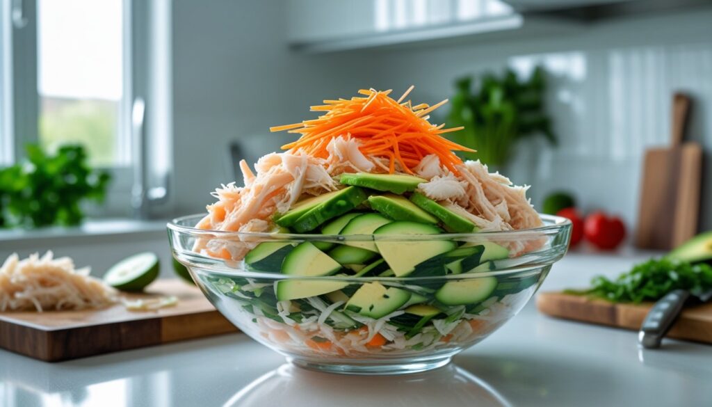 A vibrant kani salad being prepared with fresh ingredients.