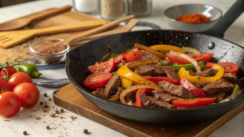 A colorful lomo saltado being cooked in a skillet with fresh ingredients.
