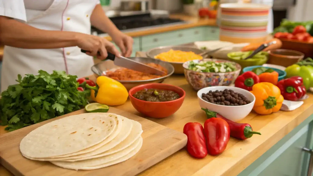 Step-by-step cooking process for Mexican dishes with fresh ingredients.