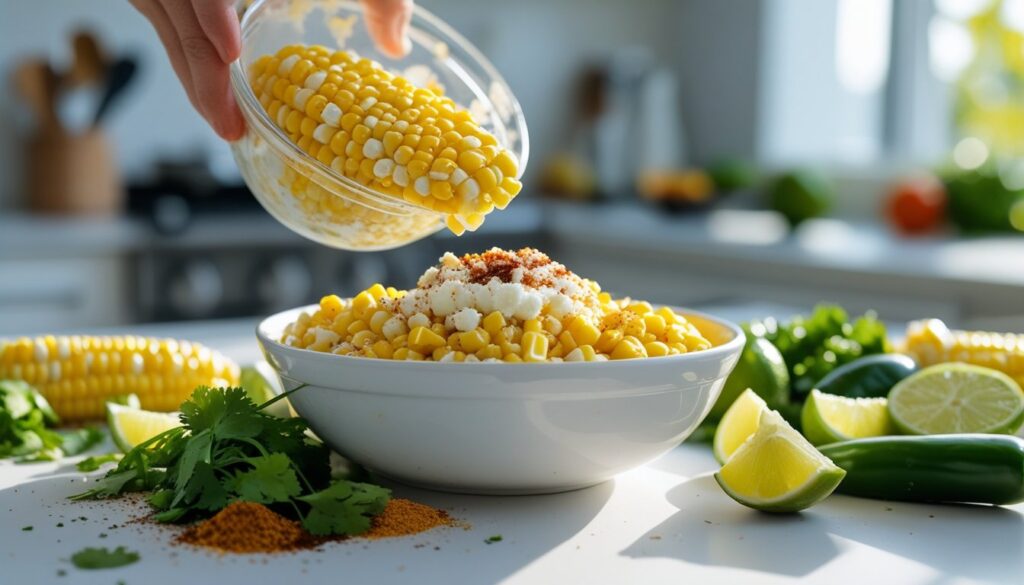 Ingredients and steps for making Mexican street corn dip laid out on a kitchen counter.