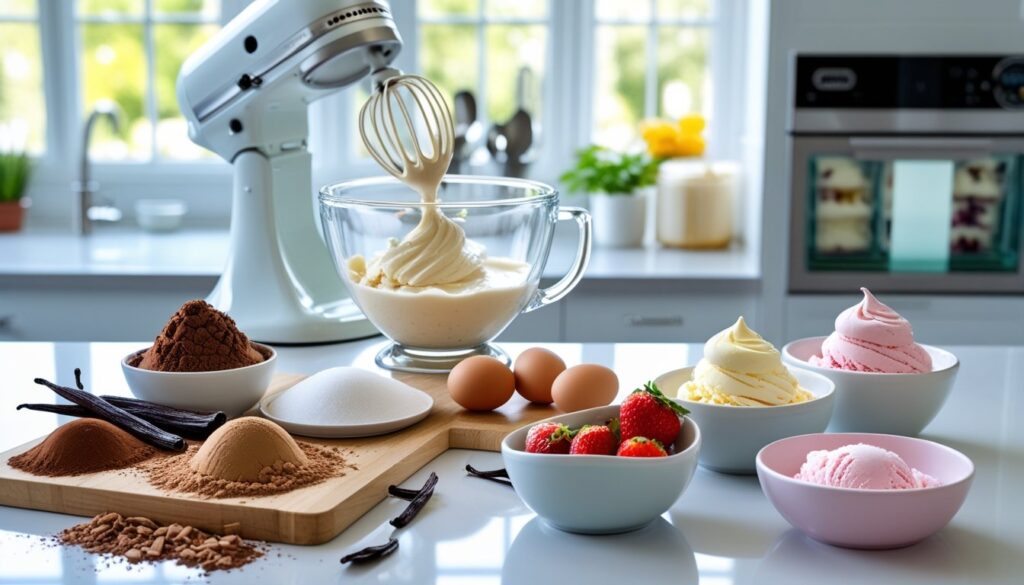 Step-by-step process of making Neapolitan ice cream with ingredients displayed.