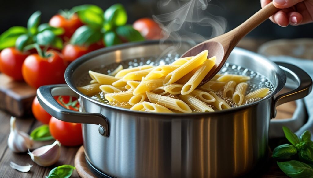 A pot of boiling penne pasta with steam and fresh ingredients in the background.