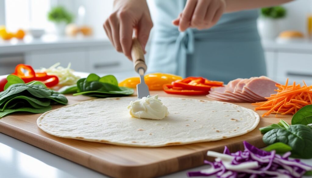 A step-by-step process of making pinwheel snacks with tortillas, cream cheese, and colorful fillings.