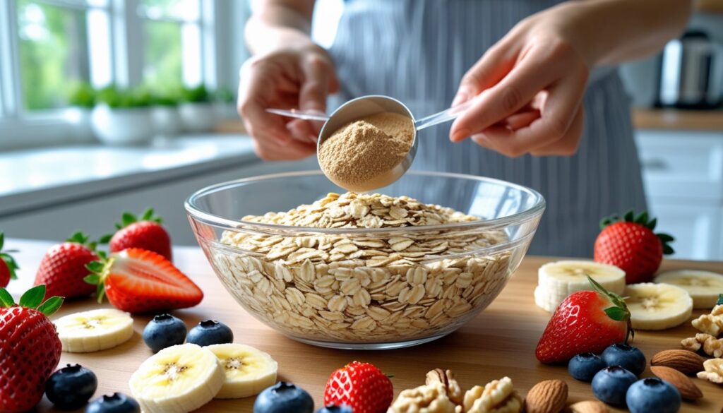 A step-by-step guide to making protein oatmeal with ingredients laid out.