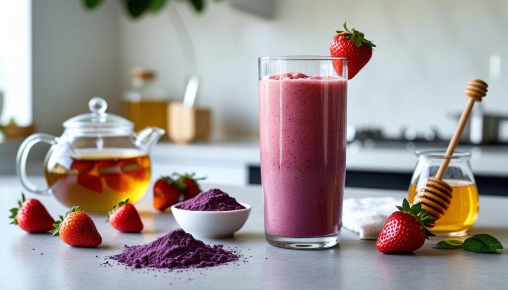 Step-by-step process of making a Strawberry Acai Refresher with ingredients displayed.