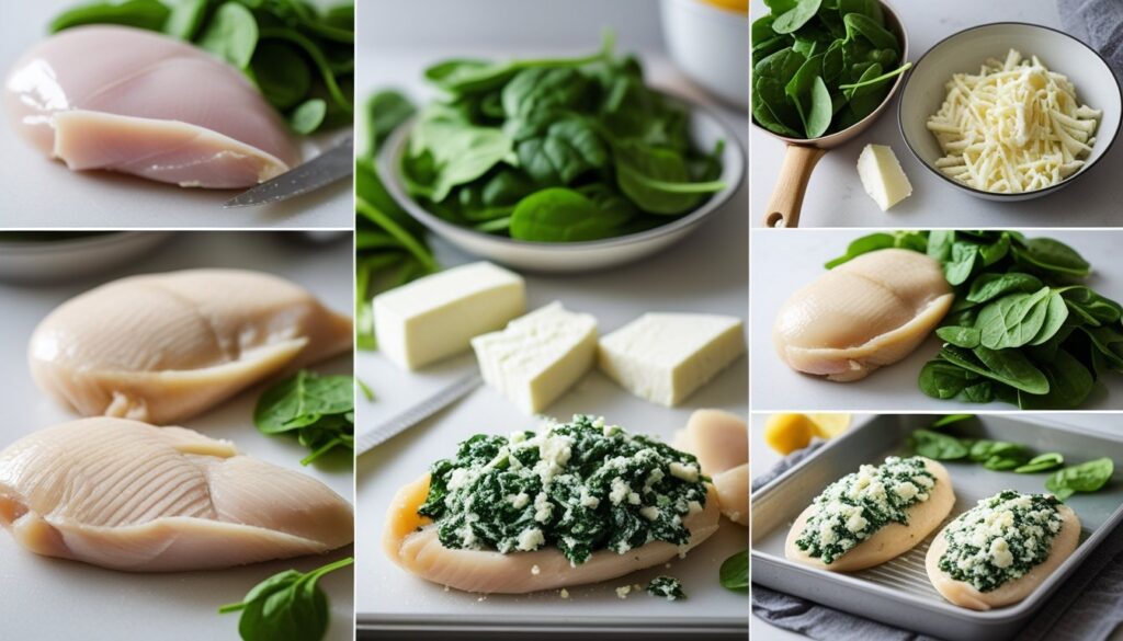 Step-by-step process of making stuffed chicken breast with ingredients displayed.