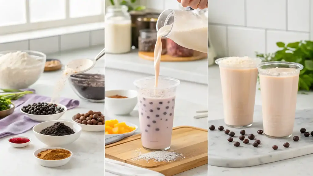 Step-by-step process of making taro milk tea with ingredients displayed.