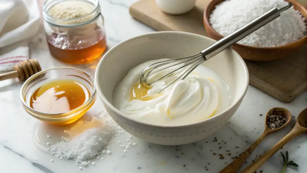 A bowl of yogurt being whisked with honey and salt, surrounded by ingredients for yogurt beaten.