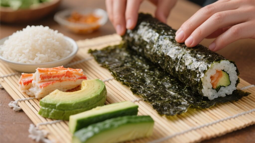 Step-by-step process of making a Boston roll with ingredients displayed.