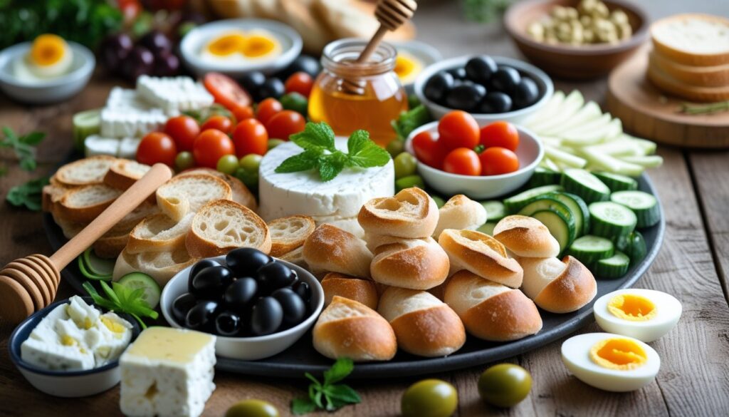 A vibrant Turkish breakfast spread with fresh ingredients including bread, olives, tomatoes, cucumbers, cheese, honey, and boiled eggs.