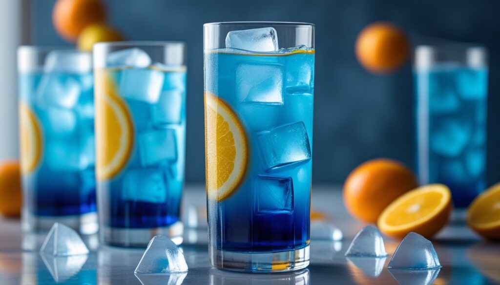 A refreshing Blue Moon-inspired mocktail in a tall glass filled with ice, garnished with an orange slice.