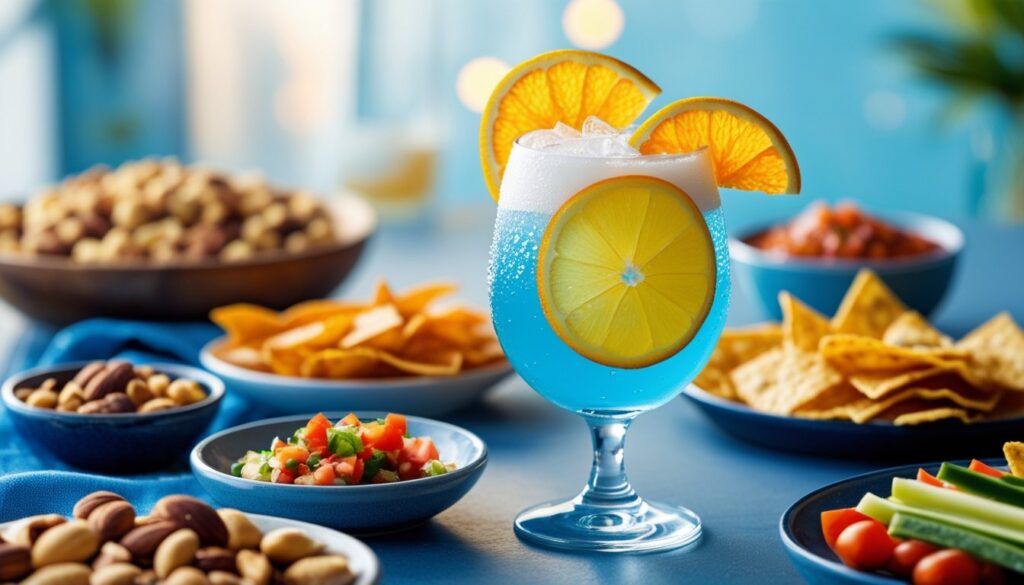 A Blue Moon Beer mocktail served with snacks and garnishes.