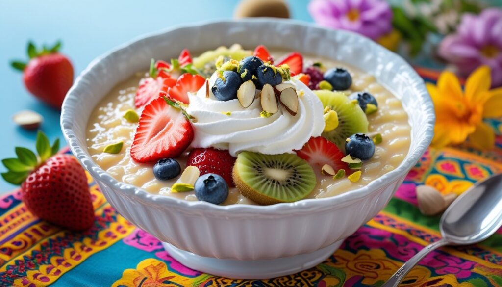 A beautifully served bowl of arroz con leche garnished with fruit and nuts.