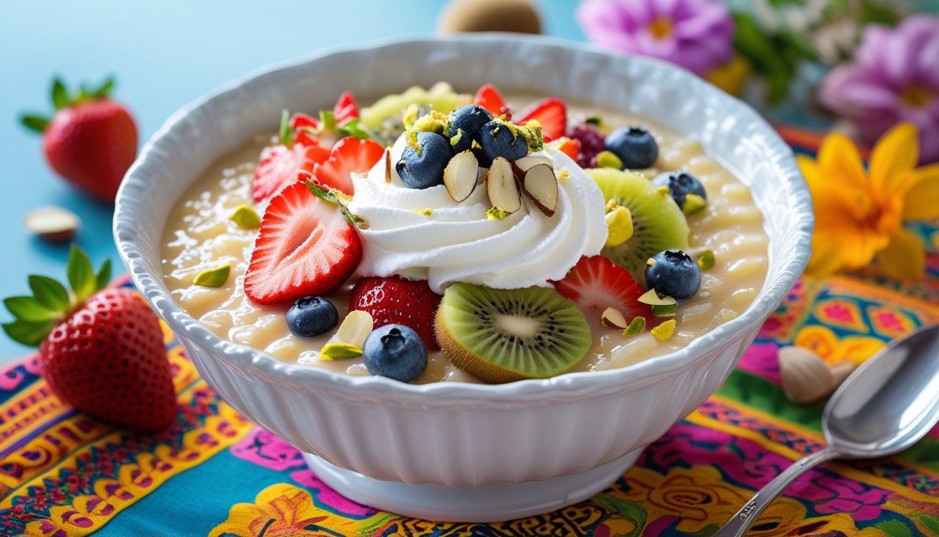 A beautifully served bowl of arroz con leche garnished with fruit and nuts.
