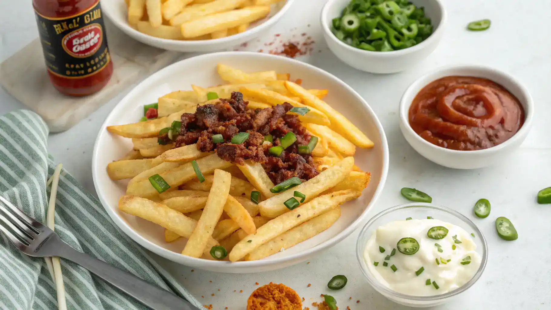 Creative serving suggestions for Cajun fries, including cheese, herbs, and dips.