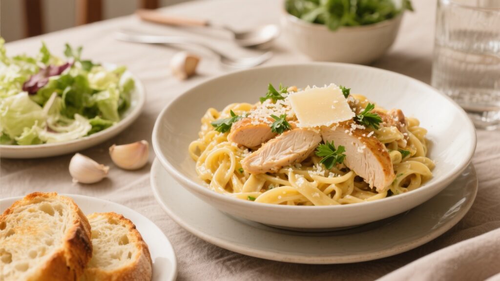 A beautifully served chicken carbonara with garlic bread and salad on a dining table.