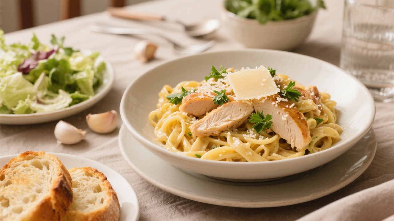 A beautifully served chicken carbonara with garlic bread and salad on a dining table.
