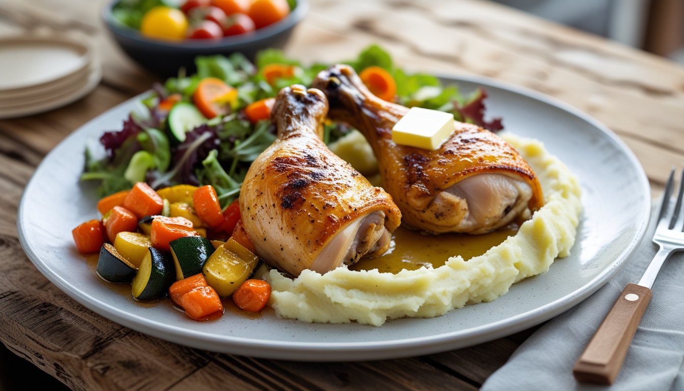 A beautifully served plate of chicken leg quarters with sides like mashed potatoes and salad.