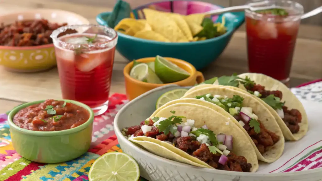 A beautifully set table for serving chorizo tacos with various toppings and drinks.