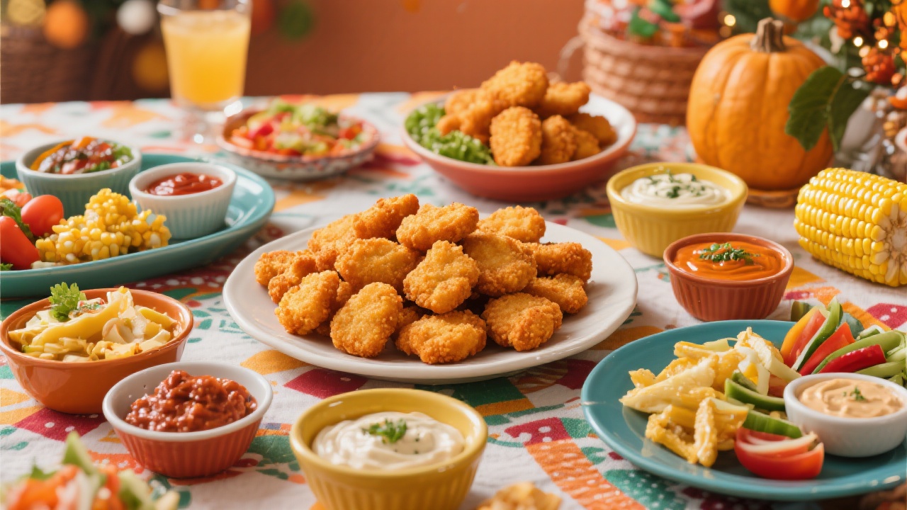 Serving suggestions for corn nuggets with various dips.