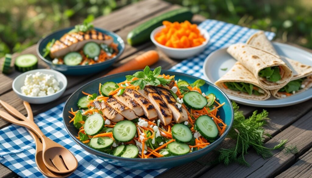 Serving suggestions for Cucumber Carrot Salad displayed on a picnic table.