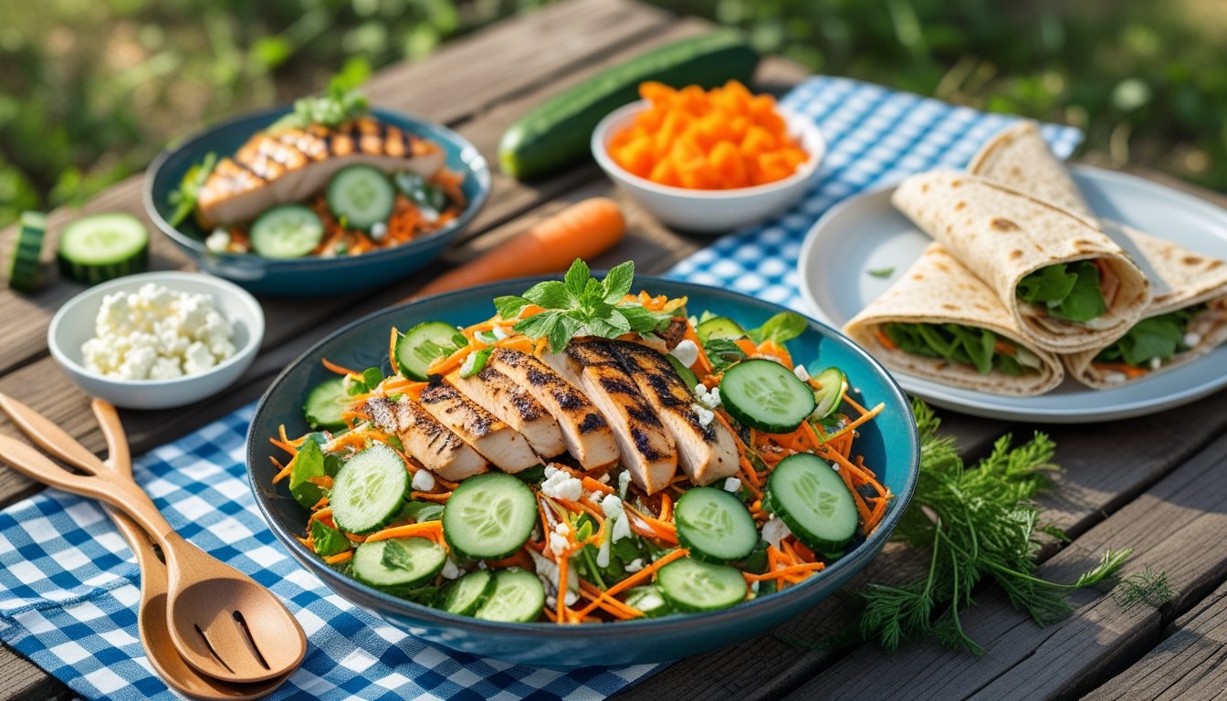 Serving suggestions for Cucumber Carrot Salad displayed on a picnic table.