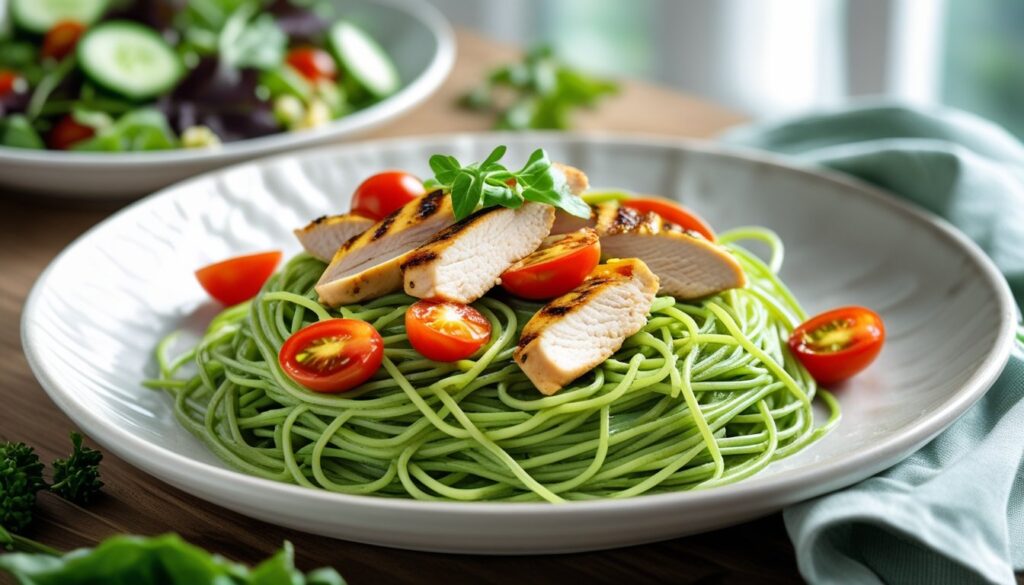 Green spaghetti served with garnishes and a side salad.
