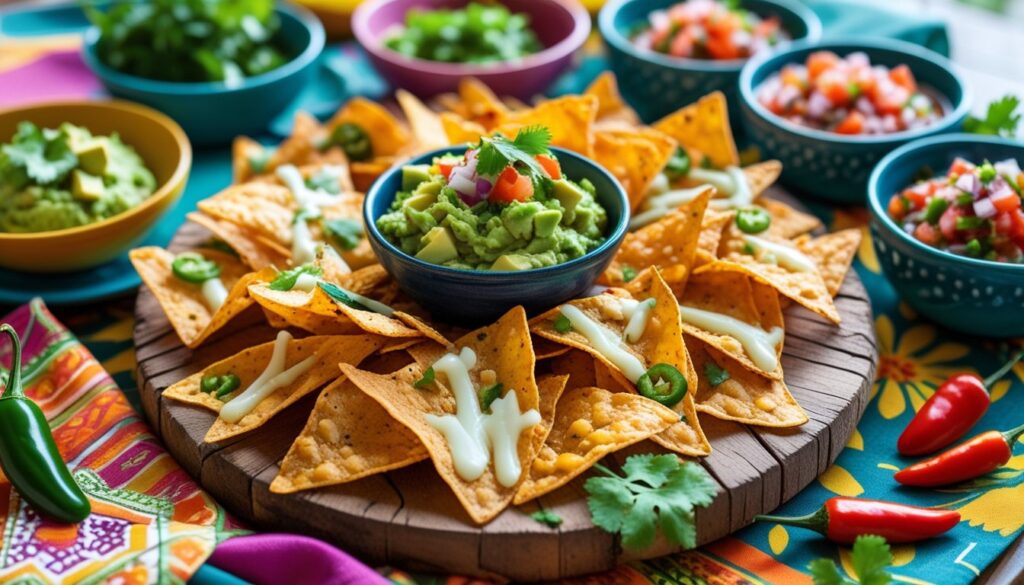 Serving suggestions for jalapeno chips displayed on a festive table.