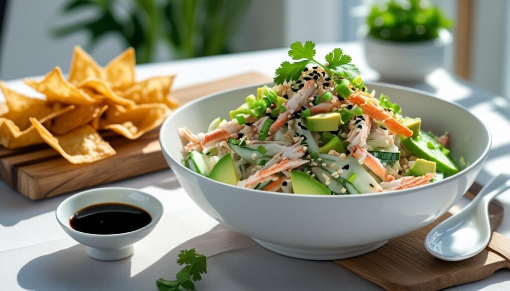 Kani salad served with wonton chips and soy sauce.