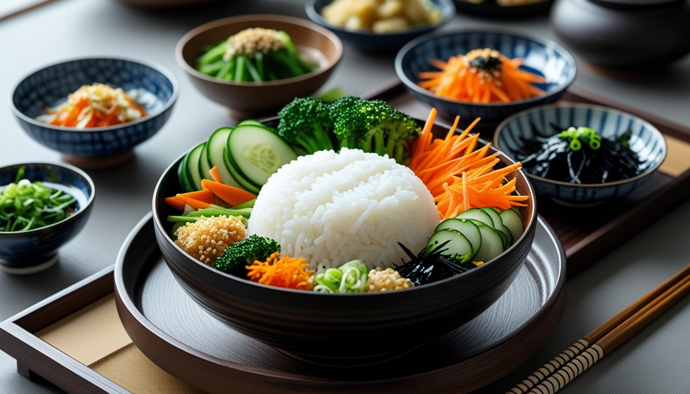 Various serving suggestions for a Kayanoya dish, including rice, vegetables, and garnishes, arranged aesthetically.