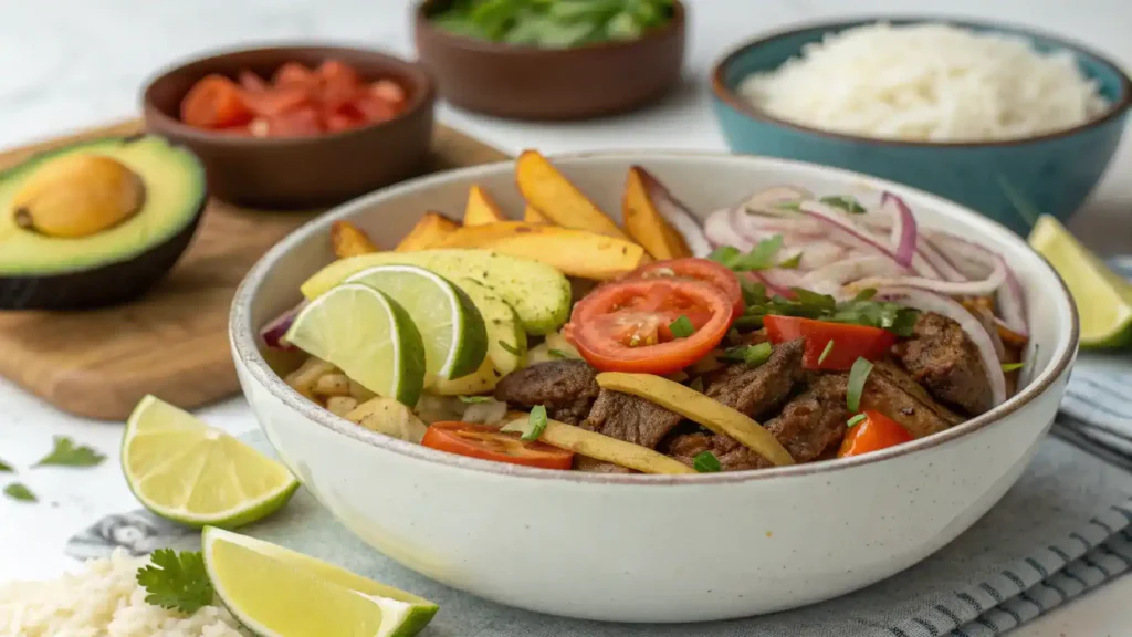 Lomo saltado served with avocado and lime.