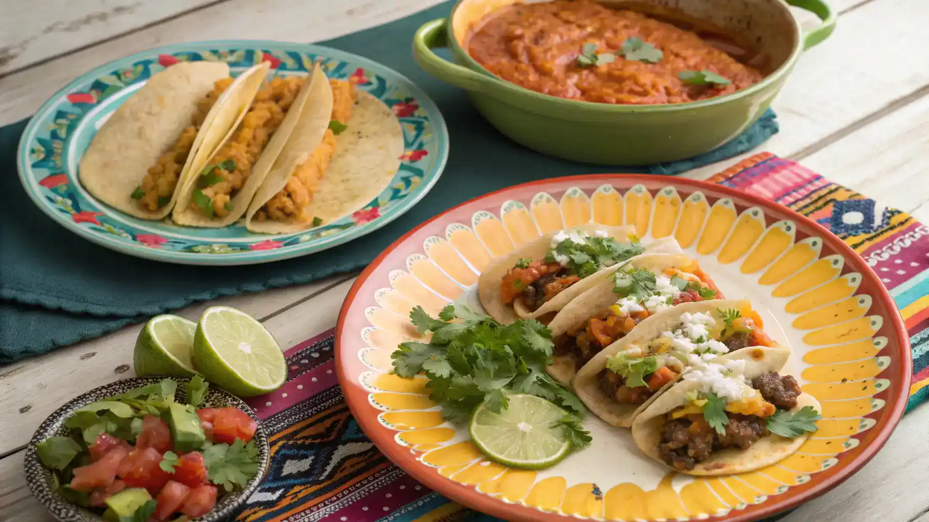 Beautifully served Mexican dishes with garnishes on a colorful table.