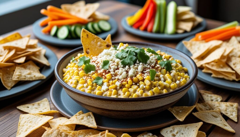 Different serving ideas for Mexican street corn dip displayed creatively.