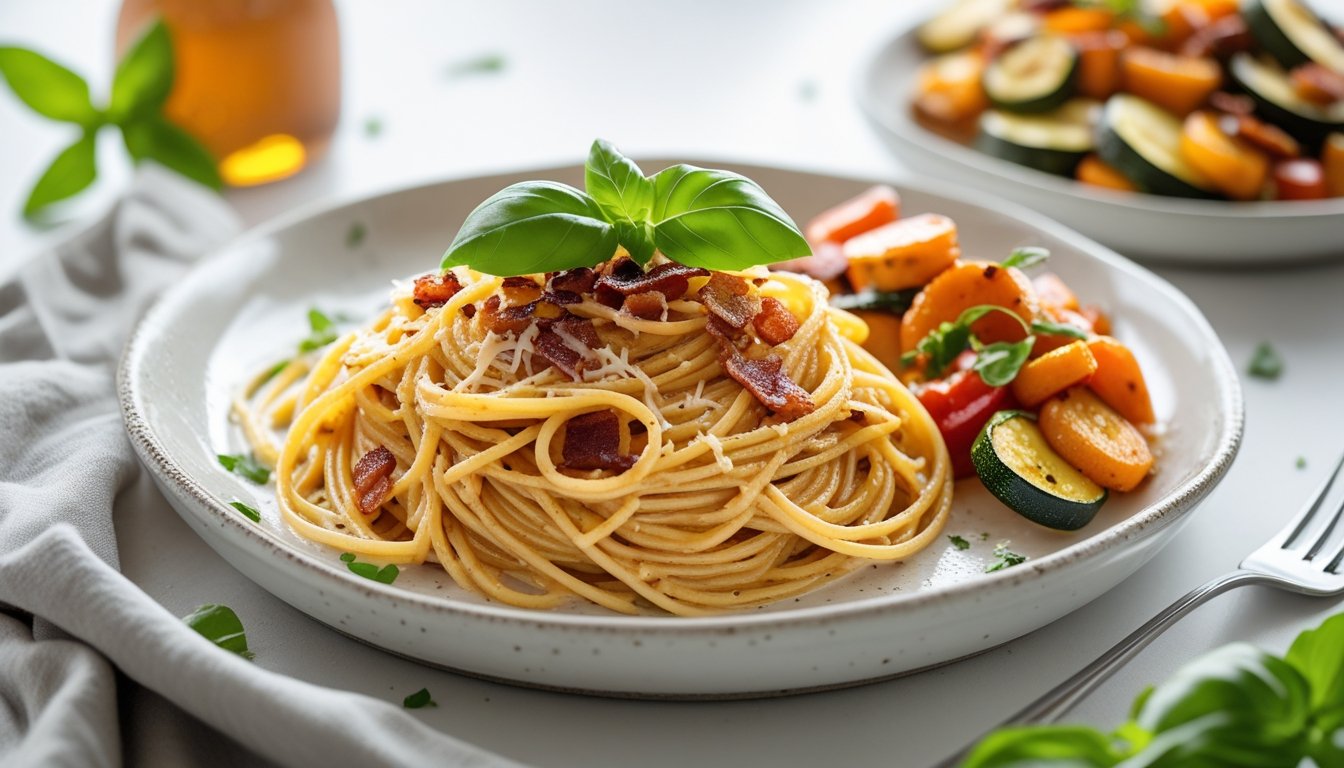 Plated Million Dollar Spaghetti with roasted vegetables.