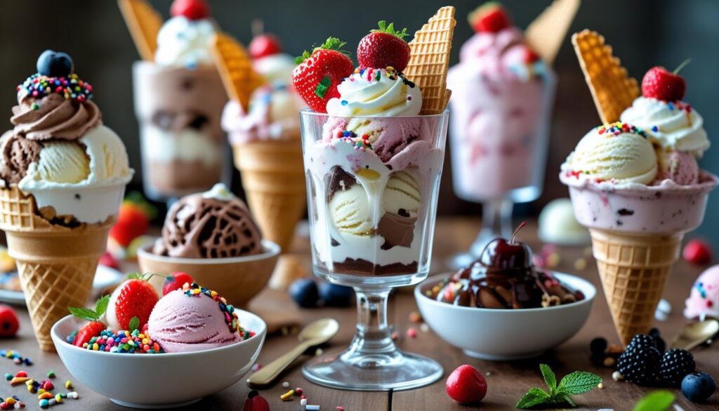 Different serving ideas for Neapolitan ice cream including parfaits and cones.