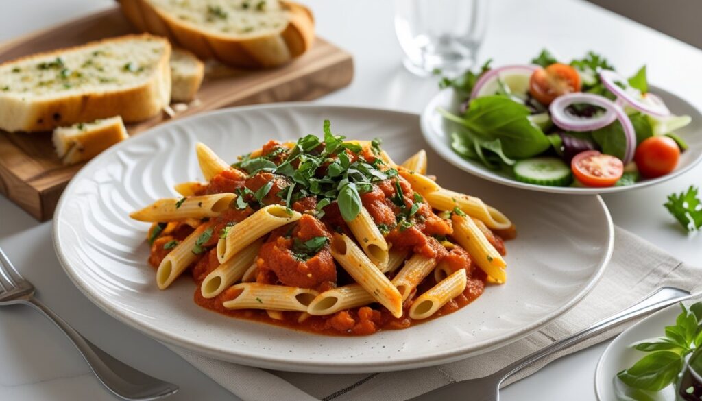 A beautifully plated dish of penne and pasta with garlic bread and salad.