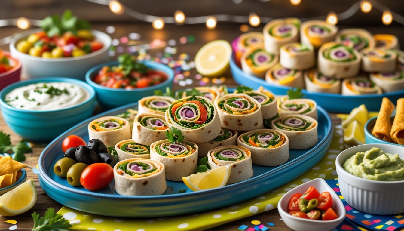 Creative serving ideas for pinwheel snacks displayed at a party.