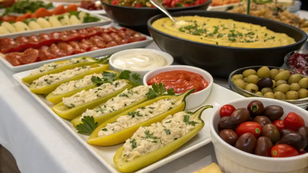 Serving suggestions for stuffed banana peppers at a party.