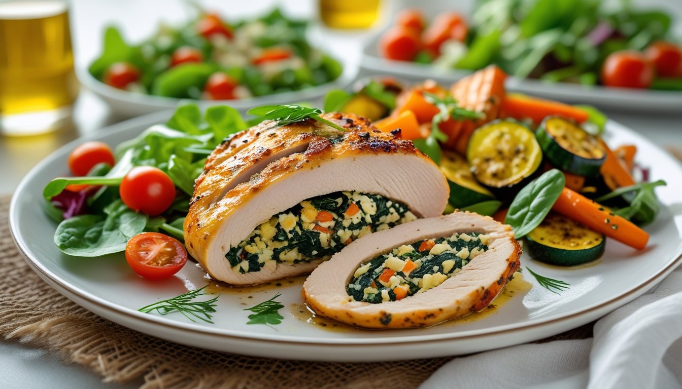 Stuffed chicken breast served with a fresh salad and roasted vegetables.