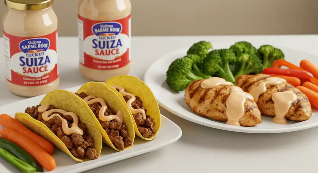 Different serving suggestions for suiza sauce displayed on a table.