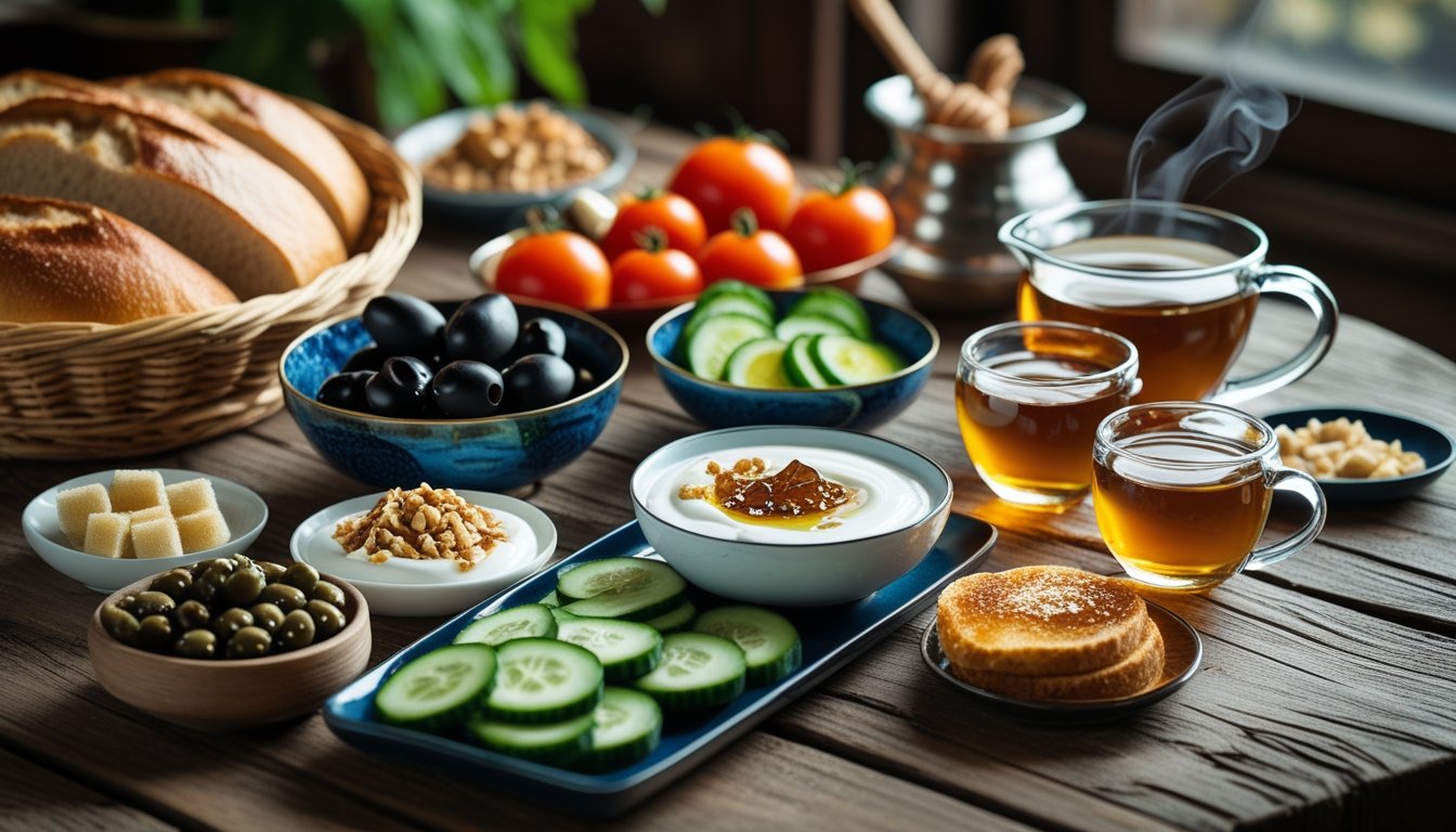 Serving suggestions for a Turkish breakfast including fresh bread, olives, tomatoes, cucumbers, yogurt, and Turkish tea.