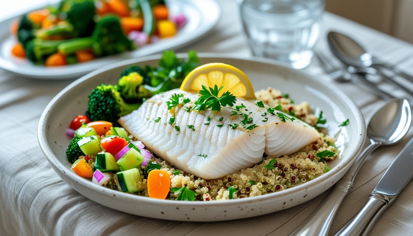 A beautifully served white fish dish with sides on a dining table.