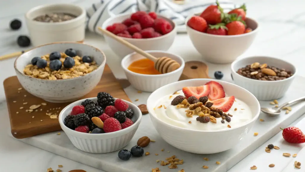 Different serving ideas for yogurt beaten with various toppings.