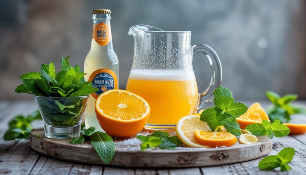 Ingredients for a Blue Moon-inspired mocktail laid out on a wooden table.