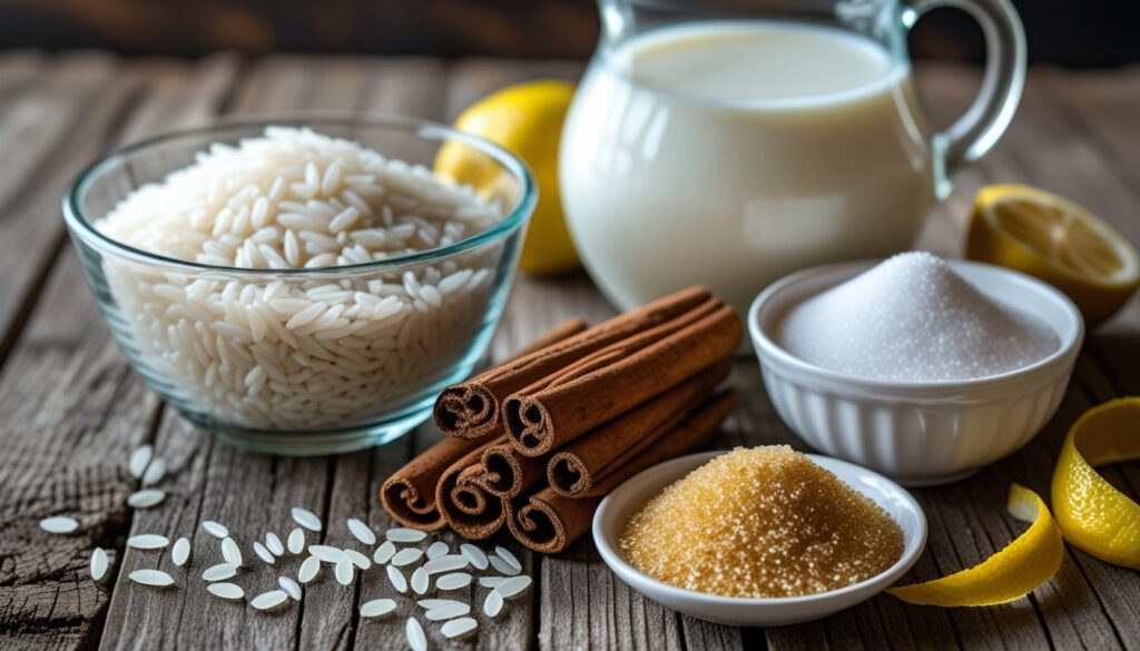 Ingredients for making arroz con leche, including rice, milk, sugar, cinnamon, and lemon peel.