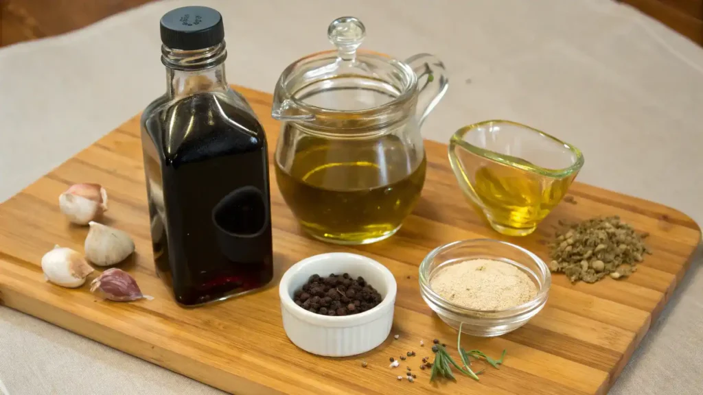 Ingredients for balsamic vinaigrette displayed on a wooden table.