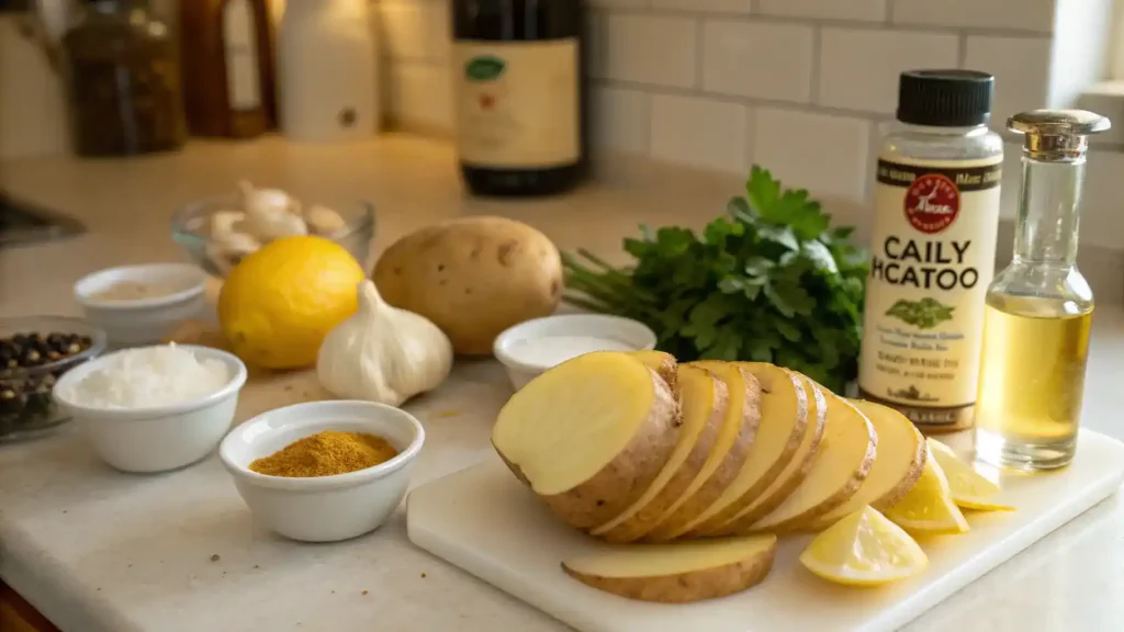 Ingredients for Cajun fries including potatoes, Cajun seasoning, olive oil, garlic powder, onion powder, salt, and black pepper.
