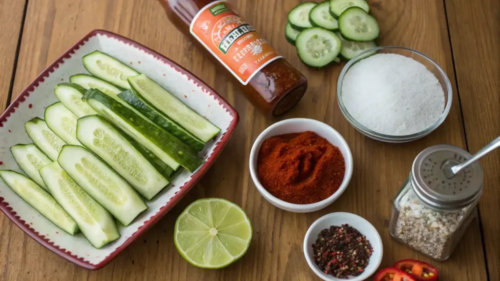 Ingredients for chamoy pickles displayed on a wooden table.