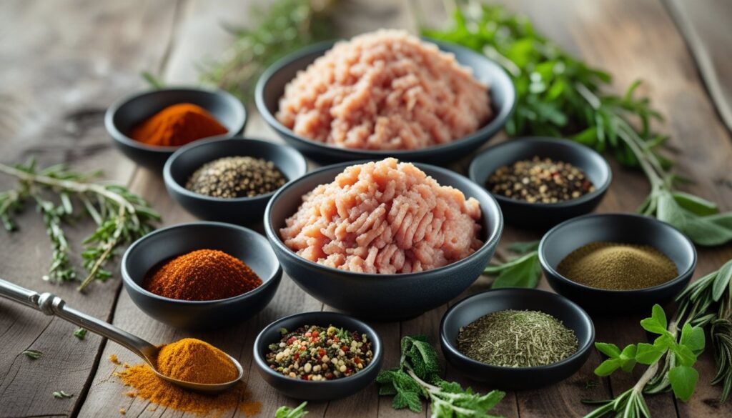 Ingredients for Chicken Breakfast Sausage displayed on a wooden cutting board.